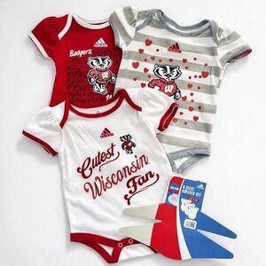 Adidas Wisconsin Badgers Baby Girls 3 Piece Creeper Set 0-3M Red White Grey NCAA